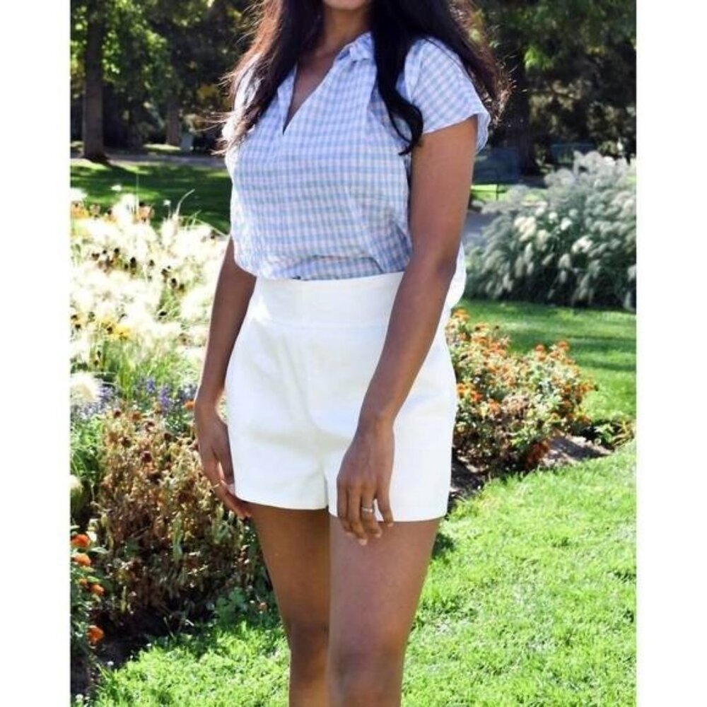 Never A Wallflower Vicki Short Sleeve Top Ruffle Collar‎ Pink Blue Check XS